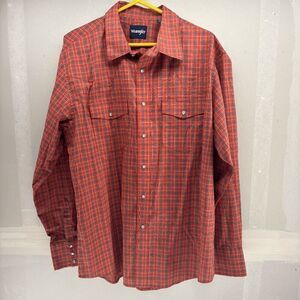 Wrangler Pearl Snap Long Sleeve Burnt Orange Blue Plaid Western XL Shirt NFR